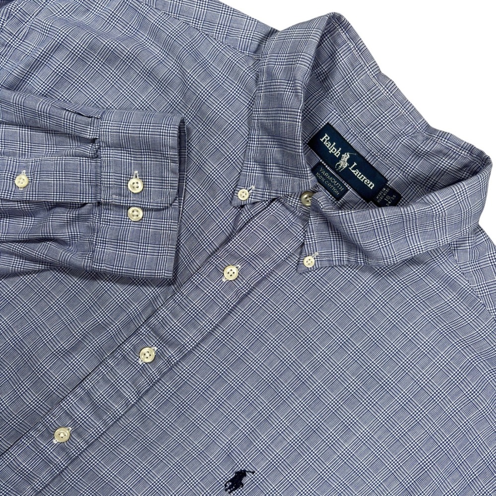 Vintage Ralph Lauren Yarmouth Shirt Mens 18 Blue Glen Plaid Lightweight Cotton